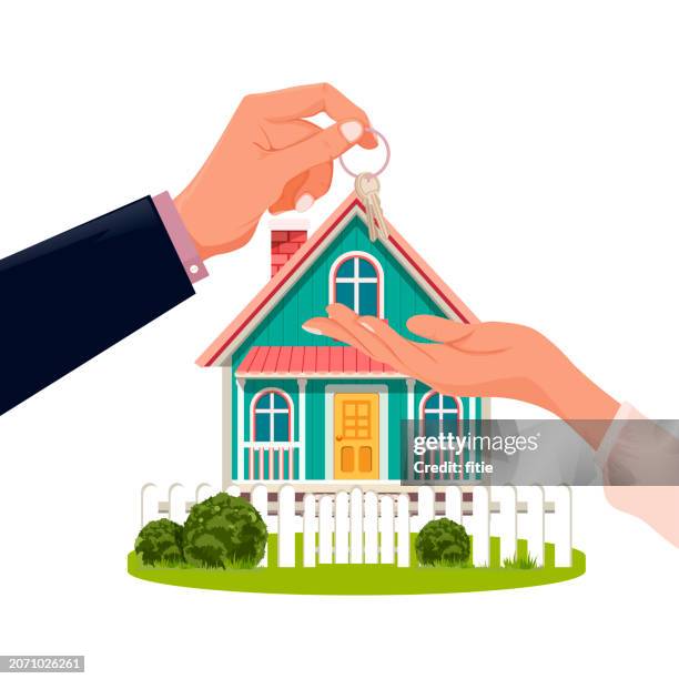 hand giving keys to another hand. buying, renting house concept.buying, renting a new or used house. putting house keys to your hand. houses for sale - salesman flat design stock illustrations