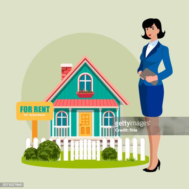 real estate agent at work concept. young smiling woman real estate agent agent standing and showing house for sale and rent, vector illustration. - salesman flat design stock illustrations