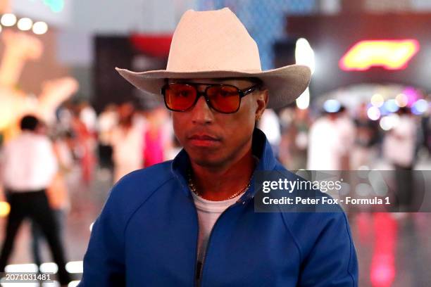 Pharrell Williams walks in the Paddock prior to the F1 Grand Prix of Saudi Arabia at Jeddah Corniche Circuit on March 09, 2024 in Jeddah, Saudi...