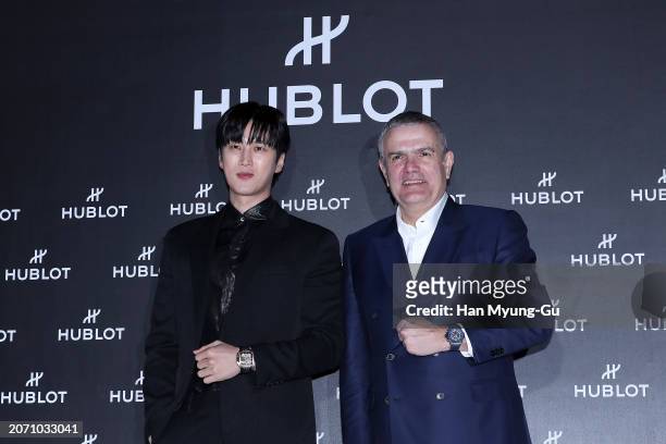 South Korean actor and model Ahn Bo-Hyun and Hublot CEO, Ricardo Guadalupe are seen at the HUBLOT 'The Art of Fusion' photocall event on March 08,...