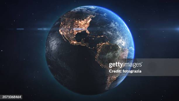 planet earth seen from space. view of south and north america with city lights at night - jorden bildbanksfoton och bilder