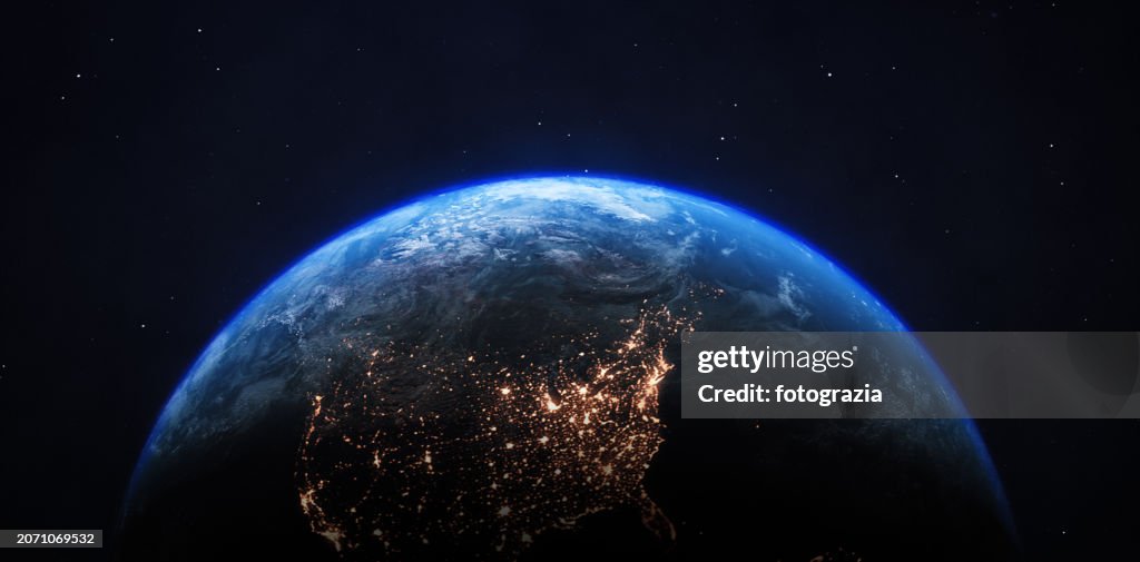 Planet Earth Seen From Space. View of North America with City Lights at Night