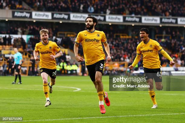 Rayan Ait-Nouri of Wolverhampton Wanderers celebrates scoring his team's first goal during the Premier League match between Wolverhampton Wanderers...