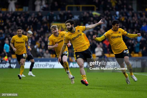 Rayan Ait-Nouri of Wolverhampton Wanderers celebrates scoring a goal during the Premier League match between Wolverhampton Wanderers and Fulham FC at...