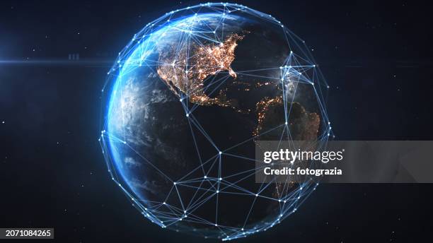 global network on planet earth. global business, flight routes, global finance - globalization stock pictures, royalty-free photos & images