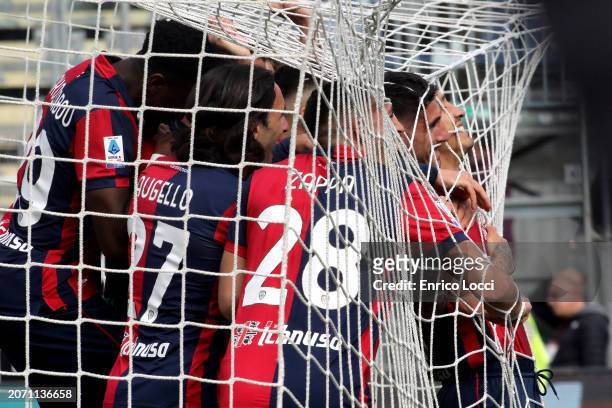 Gianluca Lapadula of Cagliari celebrates his goal 1-0 during the Serie A TIM match between Cagliari and US Salernitana - Serie A TIM at Sardegna...