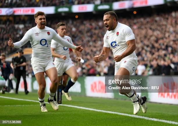 Ollie Lawrence of England celebrates scoring his team's first try during the Guinness Six Nations 2024 match between England and Ireland at...