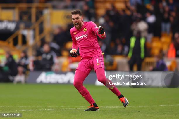 Jose Sa of Wolverhampton Wanderers celebrates his team’s second goal, an own-goal scored by Tom Cairney of Fulham during the Premier League match...