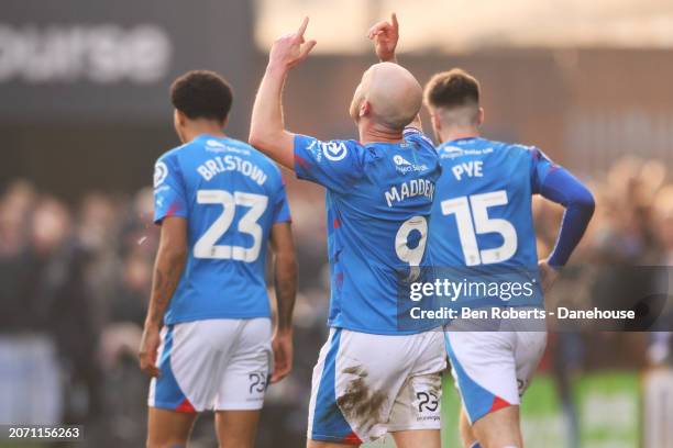 Paddy Madden of Stockport County celebrates his goal to make it 1-0 during the Sky Bet League Two match between Stockport County and Newport County...