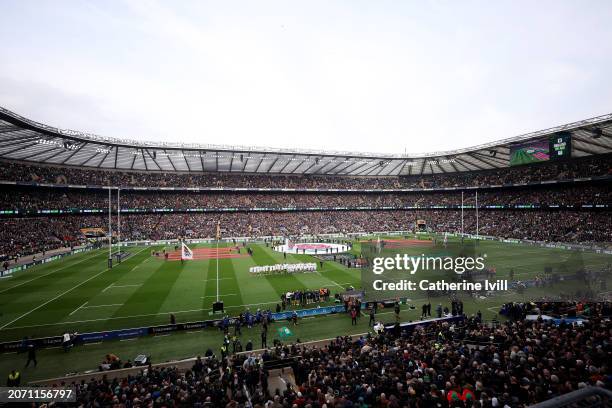 General view inside the stadium as the national anthems are sung prior to the Guinness Six Nations 2024 match between England and Ireland at...