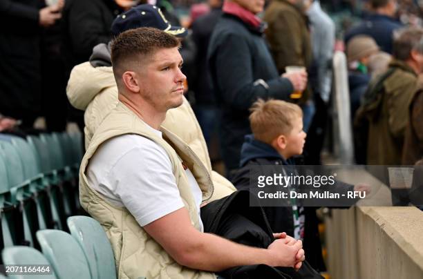 Owen Farrell looks on from the stands prior to the Guinness Six Nations 2024 match between England and Ireland at Twickenham Stadium on March 09,...