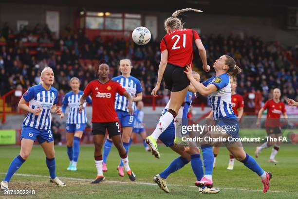 Millie Turner of Manchester United scores his team's first goal during the Adobe Women's FA Cup Quarter Final match between Brighton & Hove Albion...