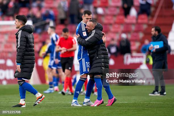 Santi Cazorla and Dani Calvo of Real Oviedo celebrate at the end of the LaLiga Hypermotion match between Albacete BP and Real Oviedo at Estadio...
