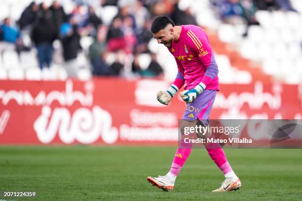 Leo Roman of Real Oviedo celebrates during the LaLiga Hypermotion match between Albacete BP and Real Oviedo at Estadio Carlos Belmonte on March 09,...