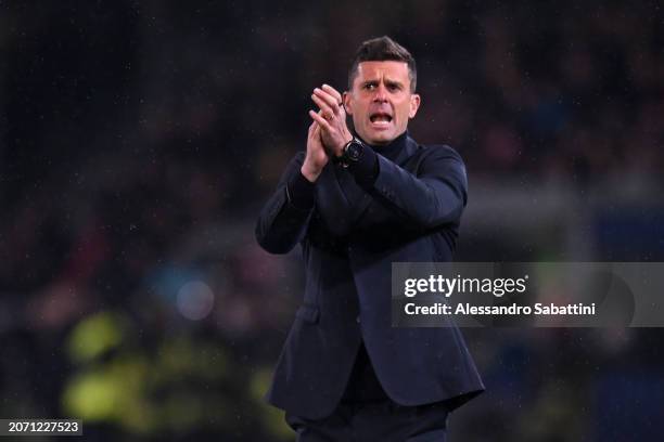 Thiago Motta, Head Coach of Bologna FC, gesutres during the Serie A TIM match between Bologna FC and FC Internazionale at Stadio Renato Dall'Ara on...