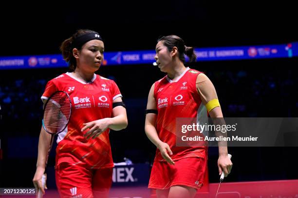 Chen Qing Chen and Jia Yi Fan of China rea during the Women's double semi final match against Mayu Matsumoto and Wakana Nagahara of Japan at the...