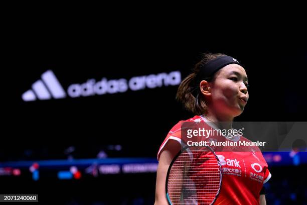 Chen Qinq Chen of China reacts during the Women's double semi final match against Mayu Matsumoto and Wakana Nagahara of Japan at the Yonex French...