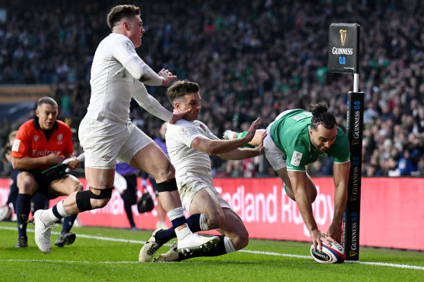 James Lowe of Ireland scores his team's first try during the Guinness Six Nations 2024 match between England and Ireland at Twickenham Stadium on...