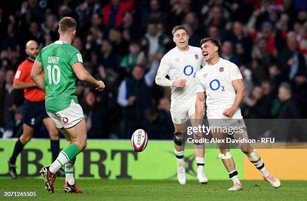 George Furbank of England celebrates scoring his team's second try during the Guinness Six Nations 2024 match between England and Ireland at...
