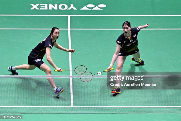 Mayu Matsumoto and Wakana Nagahara of Japan in action during the Women's double semi final match against Chen Qing Chen and Jia Yi Fan of China at...