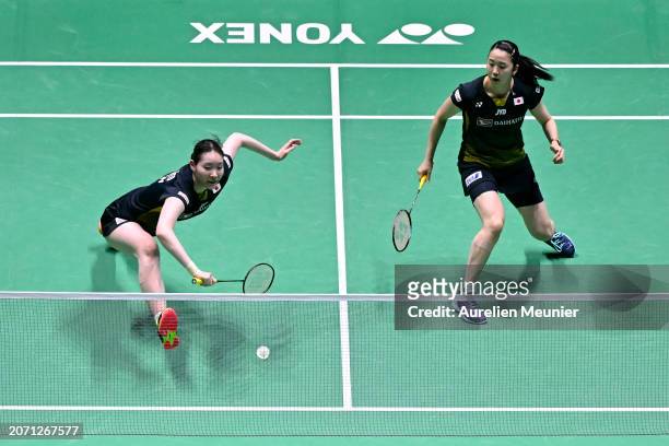 Mayu Matsumoto and Wakana Nagahara of Japan in action during the Women's double semi final match against Chen Qing Chen and Jia Yi Fan of China at...