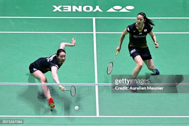 Mayu Matsumoto and Wakana Nagahara of Japan in action during the Women's double semi final match against Chen Qing Chen and Jia Yi Fan of China at...