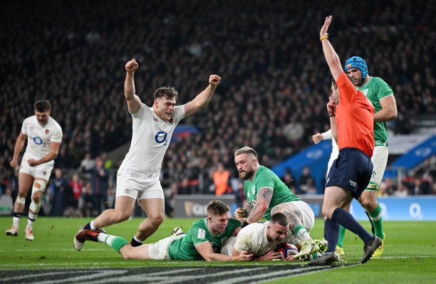 Ben Earl of England celebrates scoring his team's third try during the Guinness Six Nations 2024 match between England and Ireland at Twickenham...