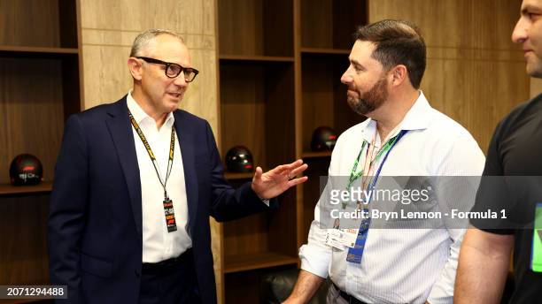 Stefano Domenicali, CEO of the Formula One Group, speaks to Jed York, CEO of the San Francisco 49ers, in the Paddock prior to the F1 Grand Prix of...