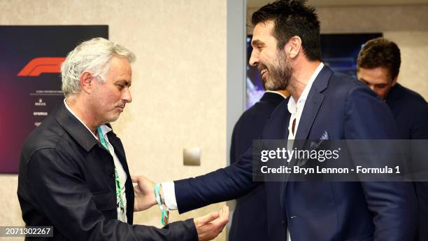 Jose Mourinho speaks Gianluigi Buffon in the Paddock prior to the F1 Grand Prix of Saudi Arabia at Jeddah Corniche Circuit on March 09, 2024 in...