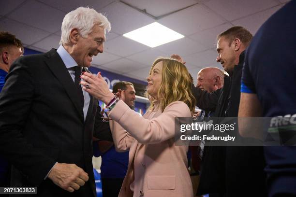 Italian Prime Minister Giorgia Meloni and FIR President Marzio Innocenti celebrates the victory of Italy during the Guinness Six Nations 2024 match...