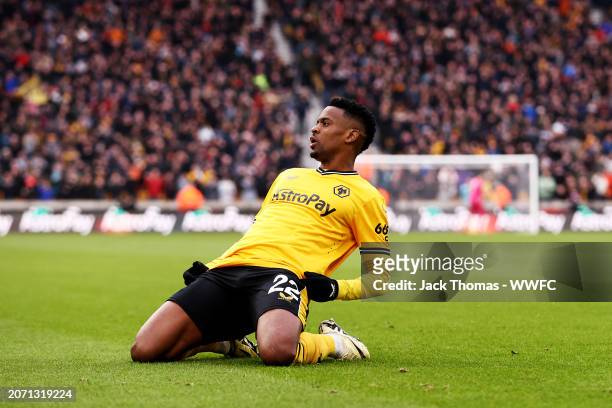 Nelson Semedo of Wolverhampton Wanderers celebrates after scoring his team's second goal during the Premier League match between Wolverhampton...