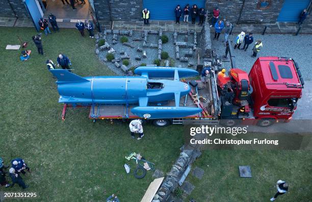 In this aerial view Donald Campbell's jet engine hydroplane The Bluebird K7 arrives at the Ruskin Museum on March 09, 2024 in Coniston, England....
