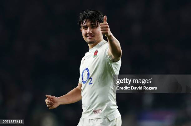 Marcus Smith of England celebrates after scoring the winning drop goal during the Guinness Six Nations 2024 match between England and Ireland at...