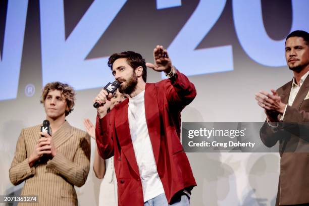 Lukas Gage, Jake Gyllenhaal and JD Pardo speaks onstage during the "Road House" World Premiere during SXSW at The Paramount Theater on March 08, 2024...