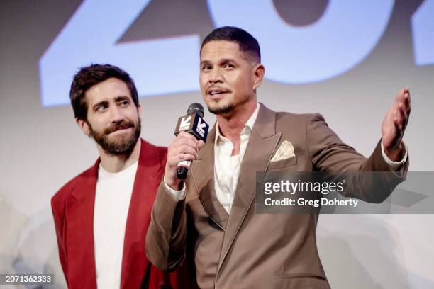 Jake Gyllenhaal and JD Pardo speak onstage during the "Road House" World Premiere during SXSW at The Paramount Theater on March 08, 2024 in Austin,...