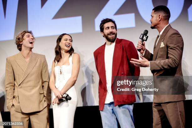 Lukas Gage, Daniela Melchior, Jake Gyllenhaal and JD Pardo speak onstage during the "Road House" World Premiere during SXSW at The Paramount Theater...