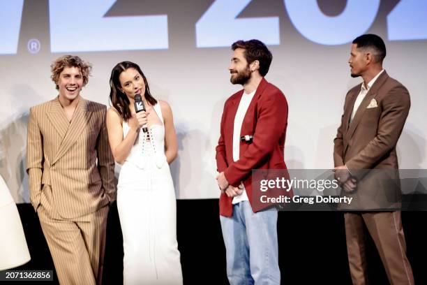 Lukas Gage, Daniela Melchior, Jake Gyllenhaal and JD Pardo speak onstage during the "Road House" World Premiere during SXSW at The Paramount Theater...