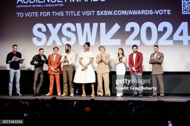 Dax Shepard, Conor McGregor, Billy Magnussen, Post Malone, Jessica Williams, Lukas Gage, Daniela Melchior, Jake Gyllenhaal and JD Pardo speak onstage...