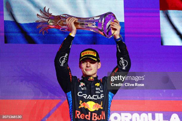 Race winner Max Verstappen of the Netherlands and Oracle Red Bull Racing celebrates on the podium during the F1 Grand Prix of Saudi Arabia at Jeddah...