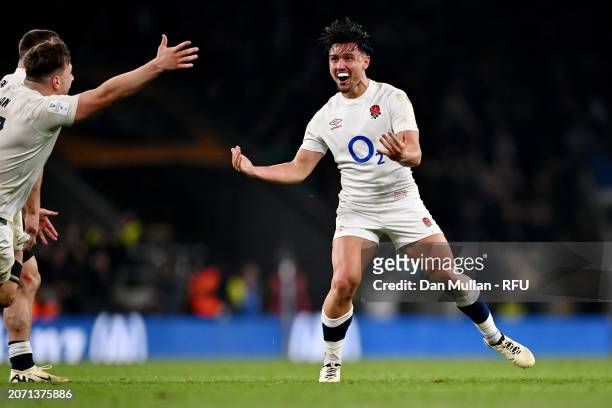 Marcus Smith of England celebrates scoring the winning drop goal during the Guinness Six Nations 2024 match between England and Ireland at Twickenham...