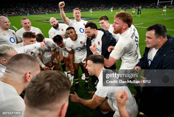 Danny Care of England leads the team as they celebrate following victory during the Guinness Six Nations 2024 match between England and Ireland at...