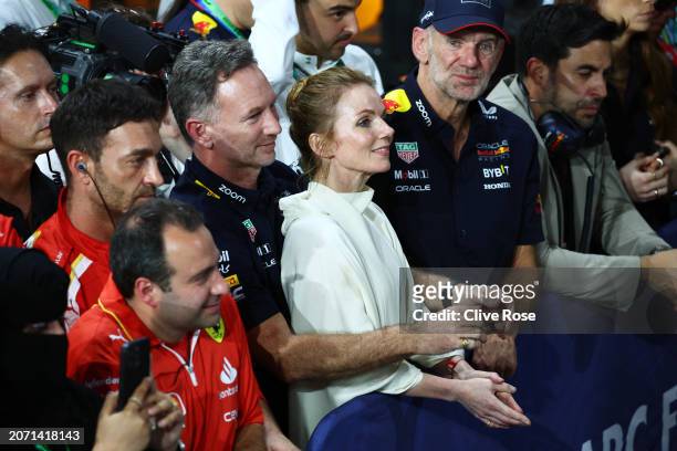Oracle Red Bull Racing Team Principal Christian Horner, Geri Horner and Adrian Newey, the Chief Technical Officer of Oracle Red Bull Racing enjoy the...