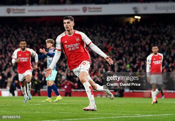 Kai Havertz of Arsenal celebrates scoring his team's second goal during the Premier League match between Arsenal FC and Brentford FC at Emirates...