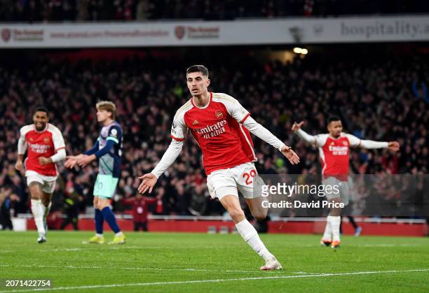 Kai Havertz of Arsenal celebrates scoring his team's second goal during the Premier League match between Arsenal FC and Brentford FC at Emirates...
