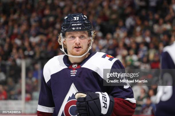 Casey Mittelstadt of the Colorado Avalanche skates against the Minnesota Wild at Ball Arena on March 8, 2024 in Denver, Colorado.