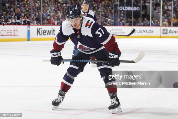 Casey Mittelstadt of the Colorado Avalanche skates against the Minnesota Wild at Ball Arena on March 8, 2024 in Denver, Colorado.