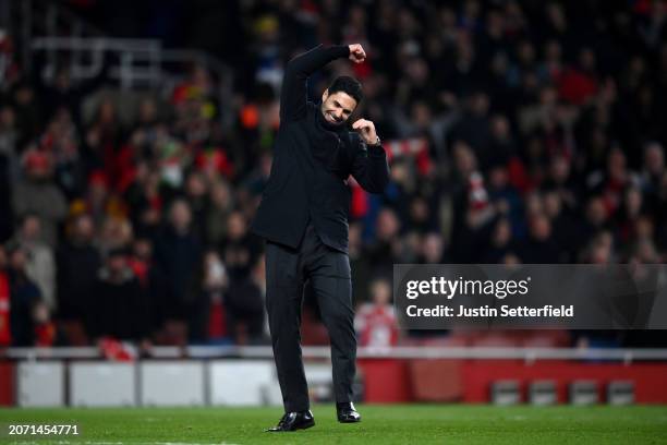 Mikel Arteta, Manager of Arsenal, celebrates victory in the Premier League match between Arsenal FC and Brentford FC at Emirates Stadium on March 09,...