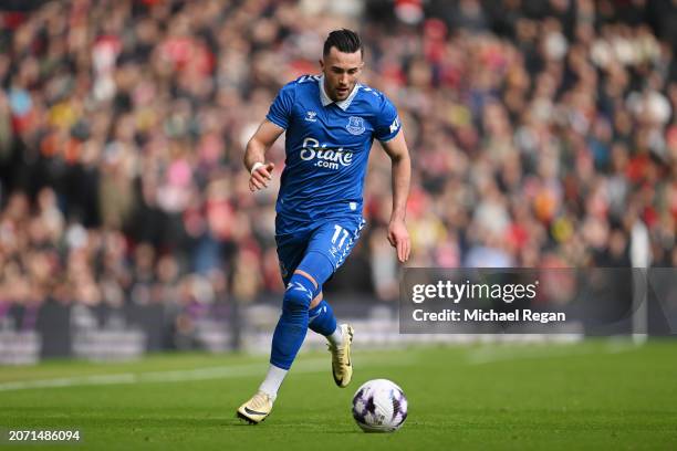 Jack Harrison of Everton in action during the Premier League match between Manchester United and Everton FC at Old Trafford on March 09, 2024 in...