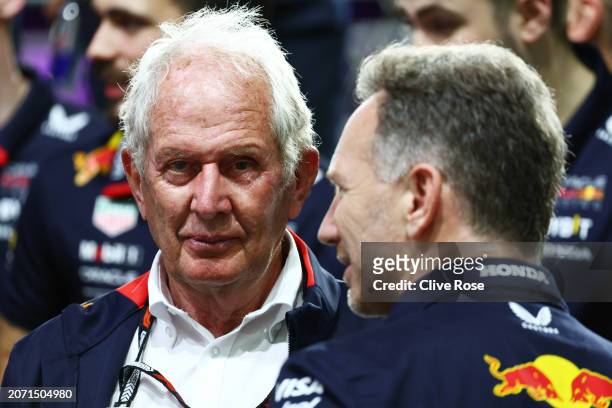 Oracle Red Bull Racing Team Principal Christian Horner and Oracle Red Bull Racing Team Consultant Dr Helmut Marko look on in parc ferme during the F1...