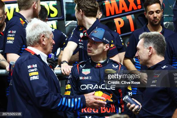 Race winner Max Verstappen of the Netherlands and Oracle Red Bull Racing speaks with Oracle Red Bull Racing Team Principal Christian Horner and...